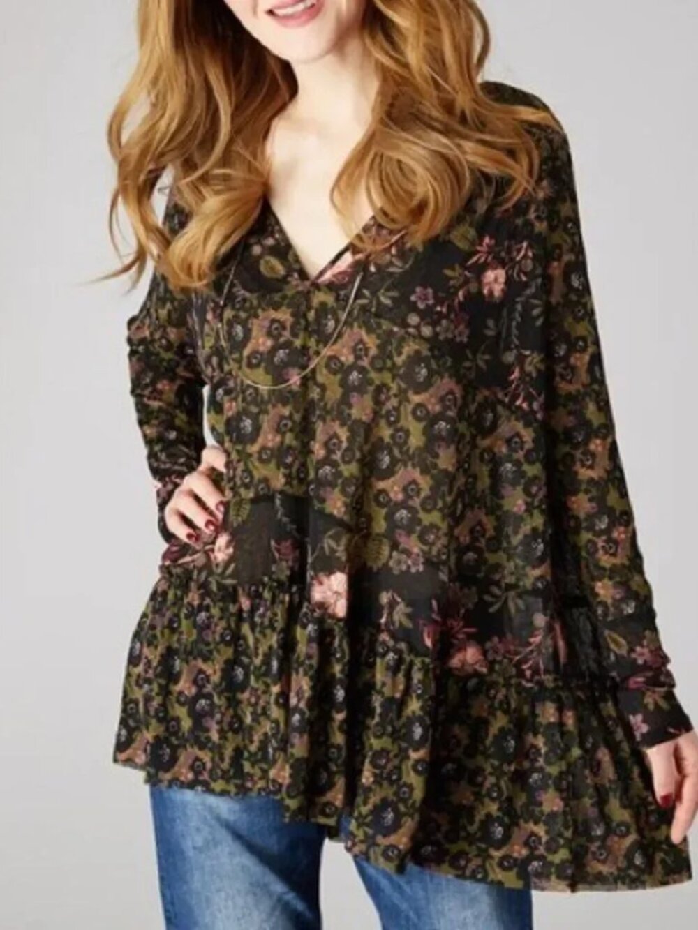 Free People Isabelle Floral Tunic Shirt V Neck Long Sleeve Ruffle Black Medium